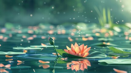 tranquil scene with a lotus flower emerging from a pond, surrounded by floating leaves and subtle ripples, emphasizing the peaceful nature of the setting