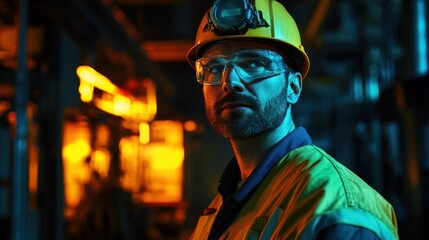 Poster - Close-up Portrait of a Worker in a Hard Hat and Safety Glasses