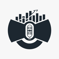 Podcast logo template for business and finance related topics or scale of economics. The arrow going up in the bar graph showing growth and success. Trending topics related broadcasting radio show.