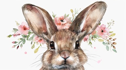 Watercolor Bunny with Floral Crown