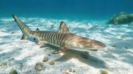 Wall Mural - A zebra shark approaching a feeding area, with its distinctive stripes highlighted.