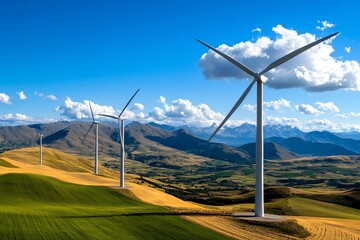 Poster - Energy Illustration Wind, Turbines, and Power Generation visualized in a dynamic landscape where large wind turbines spin against a backdrop of rolling hills, generating clean energy as they