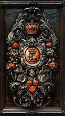 Intricate vintage wall art featuring a regal lion emblem surrounded by lavish floral motifs and a crown design.