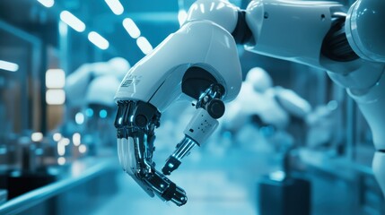 Poster - A Robotic Arm with a Metallic Hand Reaching Out in a Blue-Toned Factory Setting