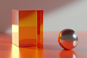 Poster - A vibrant orange cube and a shiny silver sphere on a smooth surface, showcasing modern design and abstract shapes.