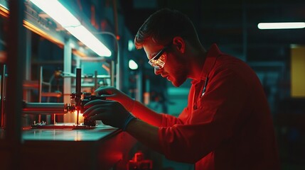 Poster - A Man in Red Lab Coat Works on a Machine in a Dark Factory