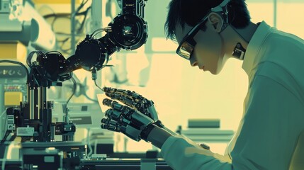 Aufkleber - Cyborg Engineer Working with Robotics in a Futuristic Lab