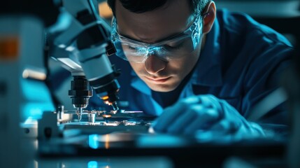 Poster - Technician Examining Circuit Board with Microscope