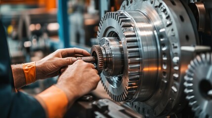 Aufkleber - A worker adjusting a large industrial gear system