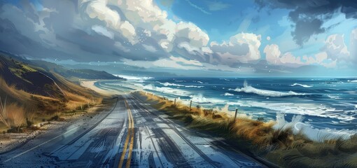 isolated road on a deserted beach, with the ocean waves crashing nearby and no signs of human presence. The road should feel both lonely and s