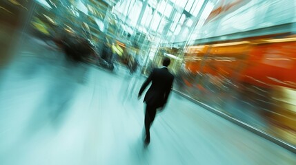 Poster - Abstract Blurred Image of a Man Walking Through a Modern Building