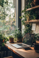 Poster - Laptop computer is sitting on a wooden desk by a window in a home office, surrounded by lush green plants