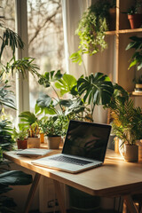 Poster - Laptop computer with blank screen is standing on a wooden desk in a bright home office full of plants