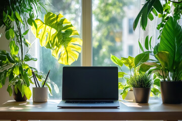 Poster - Laptop with a blank screen is sitting on a desk with plants in a home office, perfect for showcasing productivity or work-life balance