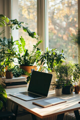 Poster - Laptop is sitting on a desk surrounded by lush green plants in a sunlit room, creating a calming and inspiring workspace