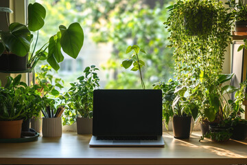 Poster - Laptop with blank screen standing on desk with a lot of green plants around in a home office