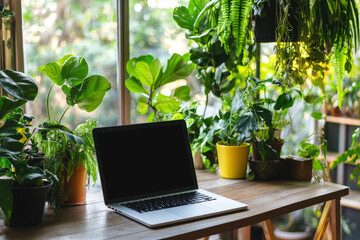 Poster - Open laptop showing blank screen sitting on desk with a variety of green plants decorating a home office in the background