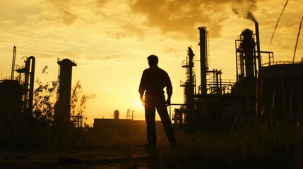 Poster - Silhouette of a Man Standing Before an Industrial Complex at Sunset