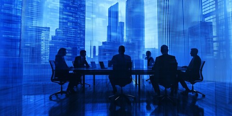 Poster - A dynamic business meeting among various corporate leaders takes place in a modern urban setting, showcasing ambition, innovation, and collaboration in a vibrant city filled with towering skyscrapers