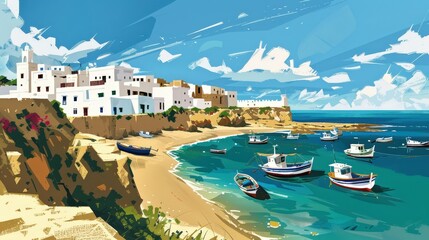 Wall Mural - unique landscape of sidi ifni, with its coastal cliffs, sandy beaches, and traditional fishing boats