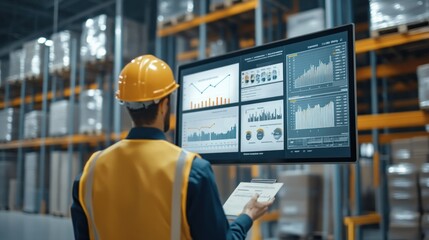Poster - Warehouse Worker Analyzing Data on a Large Monitor