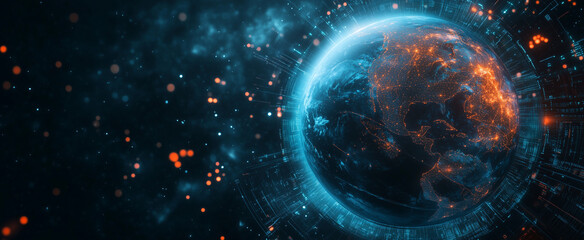 Wall Mural - abstract background of earth viewed from orbit, featuring glowing blue and orange light streaks inte