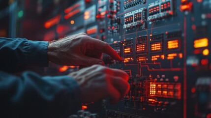 Poster - A Person's Hands Adjusting a Control Panel with Red Lights