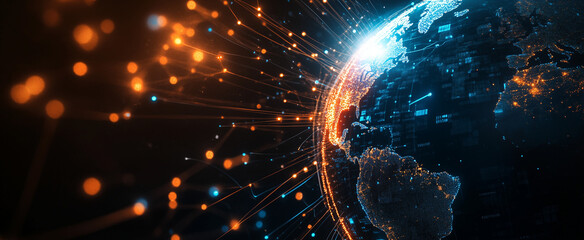 Wall Mural - abstract background of earth viewed from orbit, featuring glowing blue and orange light streaks inte