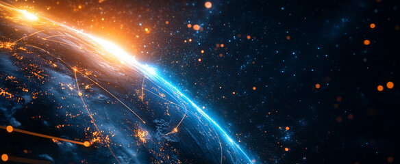 Wall Mural - abstract background of earth viewed from orbit, featuring glowing blue and orange light streaks inte
