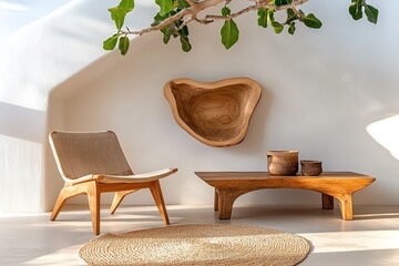 Handmade Furniture Living Room, Minimalist, and Natural depicted in a minimalist living room where handmade furniture with natural textures and clean lines provides a serene and inviting atmosphere