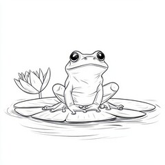 Line drawing of a frog sitting on a lily pad.