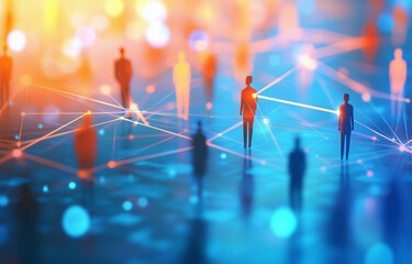 Poster - abstract digital network with glowing connections and people figures, representing global connectivi