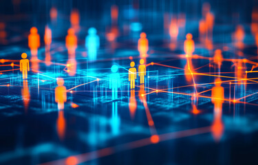 Poster - abstract digital network with glowing connections and people figures, representing global connectivi