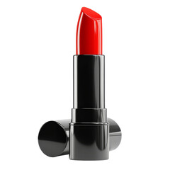 Vibrant red lipstick in a sleek black tube, perfect for adding a pop of color to any makeup look, isolated on transparent background.