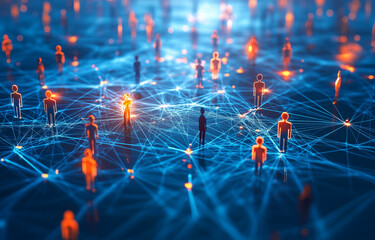 Poster - abstract digital network with glowing connections and people figures, representing global connectivi