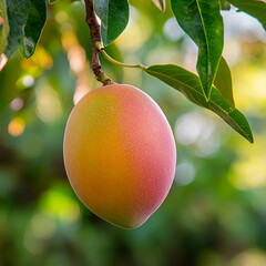 summer fruit mango hanging on a tree with water droplet generated by AI