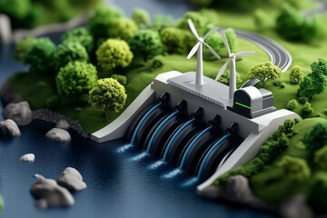 Poster - Hydropower advancements and eco-friendly technology are showcased in a vibrant illustration of a modern dam with advanced turbines