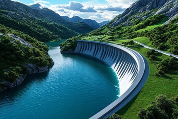 Poster - Hydropower advancements and renewable energy are illustrated in a futuristic design of a high-tech dam with a focus on clean energy