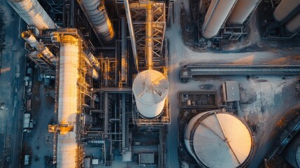 Poster - Aerial View of Industrial Complex with Large Cylindrical Tanks and Pipes