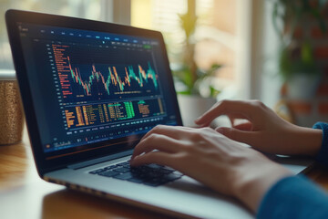 Poster - Businesswoman is working remotely, analyzing cryptocurrency stock market data on her laptop