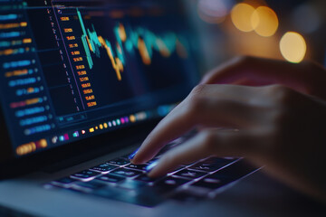 Poster - Businesswoman is working on her laptop late at night, analyzing cryptocurrency stock market data