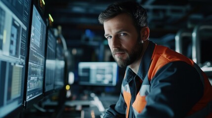 Poster - Close-up Portrait of Man in Industrial Setting with Monitors
