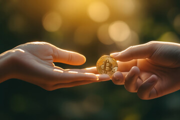 Two businesspeople exchanging a bitcoin cryptocurrency coin outdoors in a financial concept image