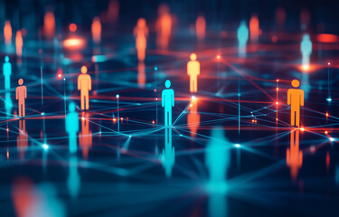 Wall Mural - Abstract digital network with glowing connections and people figures, representing global connectivity and the interconnectivity of business networks. blue and red colors.