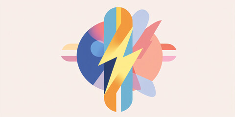 Poster - Dynamic lightning bolt icon representing energy and delivery, surrounded by colorful abstract shapes.