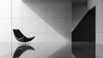 Wall Mural - Black Leather Chair in Minimalist White Room with Sunbeams