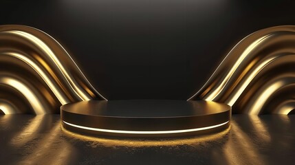 Poster - 3D golden product line background with gold podium background. Generative Ai