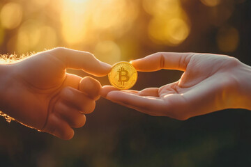 Poster - Two hands exchanging a golden bitcoin in the outdoors with golden sunset light