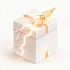 Poster - A dynamic delivery box with lightning arrow emphasizes speed and excitement. design features white box with golden ribbon, radiating energy.