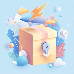 Poster - A colorful delivery box with lightning arrow and playful elements, symbolizing fast shipping and excitement.